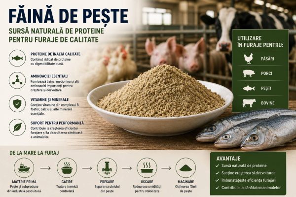 Infografic despre făina de pește ca sursă de proteină pentru furaje