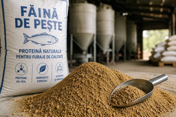 Făină de pește pentru furaje într-un spațiu de depozitare 