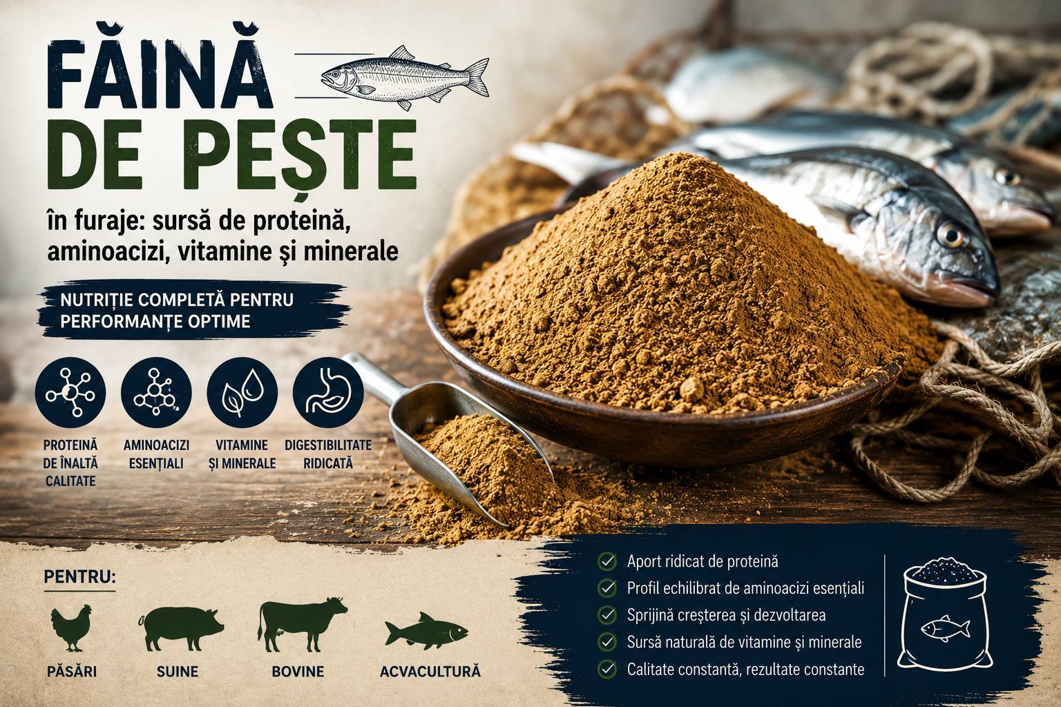 Făina de pește în furaje: sursă de proteină, aminoacizi, vitamine și minerale